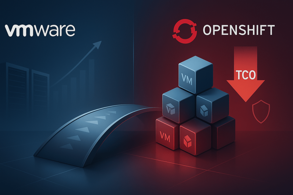 Enterprise banner comparing VMware and OpenShift TCO with abstract data center elements, charts indicating rising vs. falling costs, and unified VMs-plus-containers platform visuals